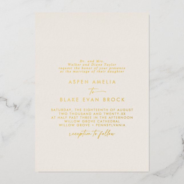 Invitation En Aluminium Script Gold Foil | Mariage officiel ivoire (Recto)