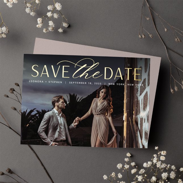 Invitation En Aluminium Script lisse | Photo unique Enregistrer la date (Créateur téléchargé)