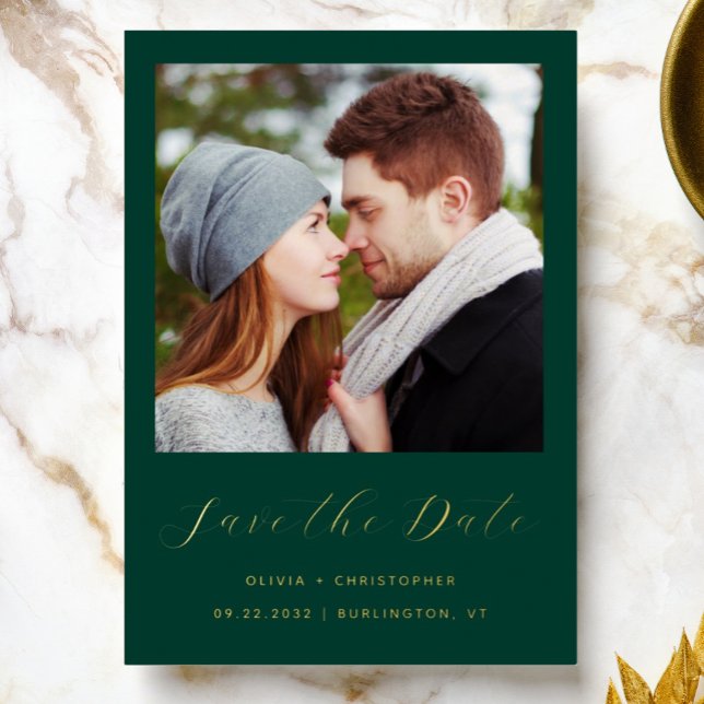 Invitation En Aluminium Script minimal de photo Emerald Vert or (Créateur téléchargé)