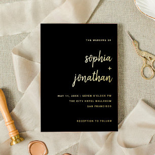 Invitation En Aluminium Script Minimaliste   Mariage Noir et Or