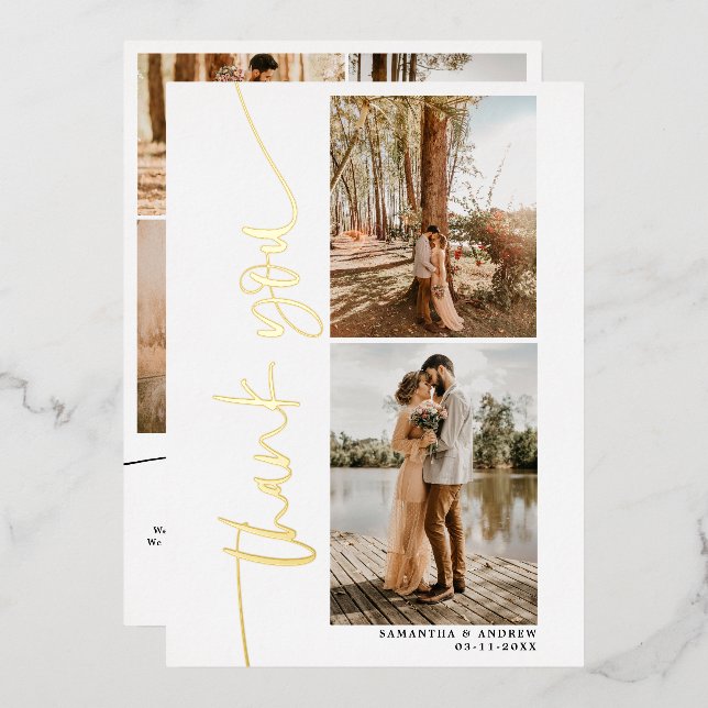 Invitation En Aluminium Script moderne 5 photos mariage merci (Recto/Verso)