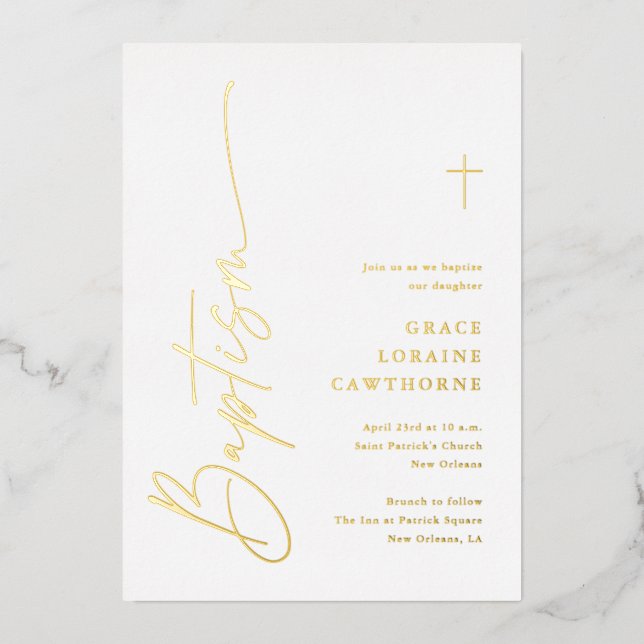 Invitation En Aluminium Script moderne élégant Baptême Or (Recto)