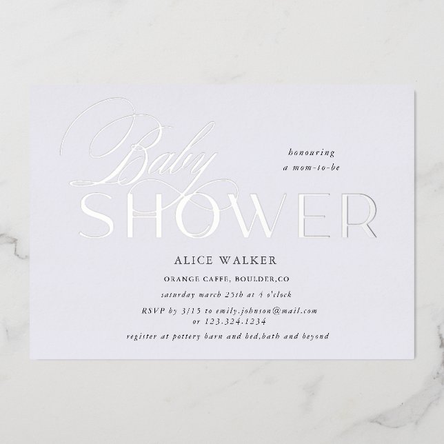 Invitation En Aluminium script moderne élégante baby shower feuille invita (Recto)