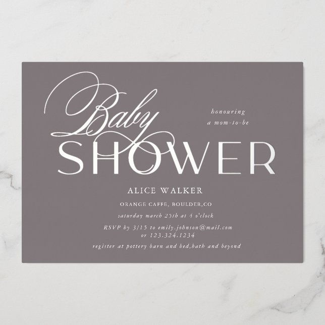 Invitation En Aluminium script moderne élégante baby shower feuille invita (Recto)