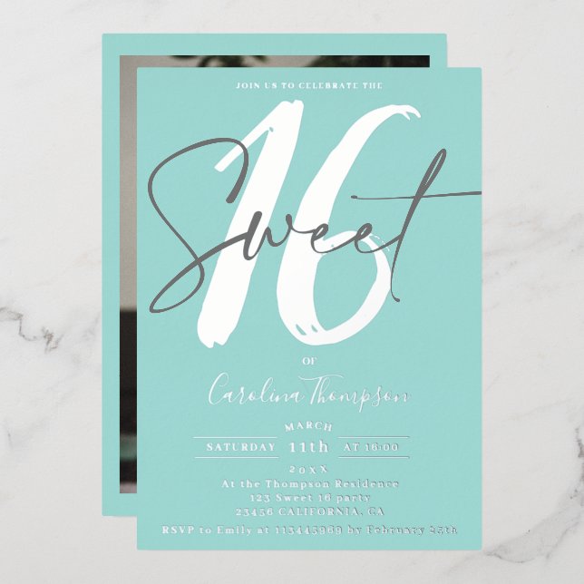 Invitation En Aluminium Script moderne turquoise photo bleue Sweet 16 arge (Recto/Verso)