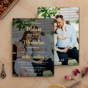 Invitation En Aluminium Script or moderne 2 photos mariage noir superposit