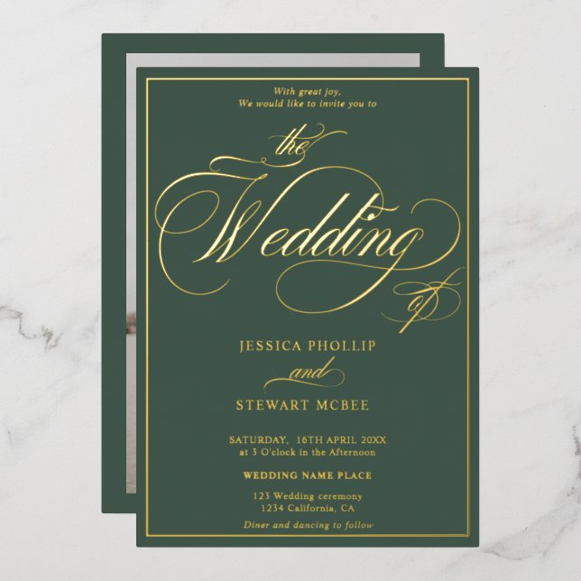 Invitation En Aluminium Script photo vert bordure mariage or (Recto/Verso)