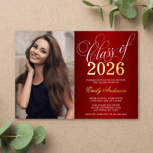 Invitation En Aluminium Script Red 2025 Photo Graduation Party Gold