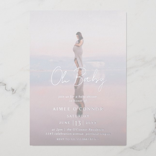 Invitation En Aluminium Script rustique Photo Baby shower moderne (Recto)