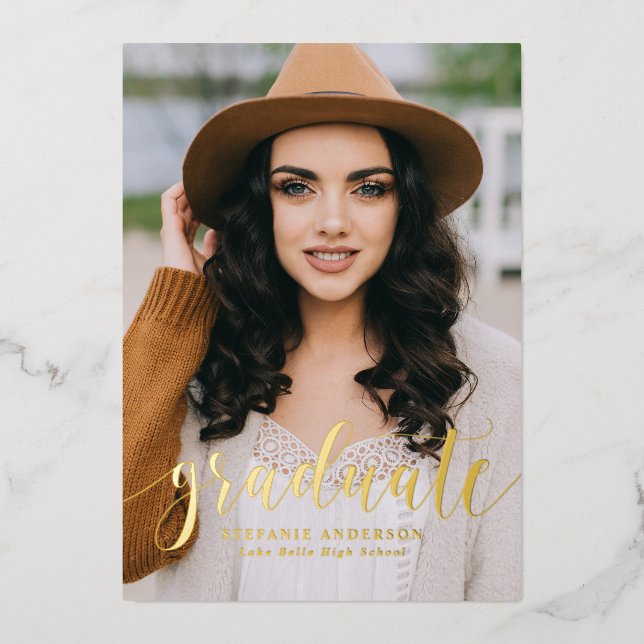 Invitation En Aluminium Script Whimsical Photo Graduation Party Gold (Recto)
