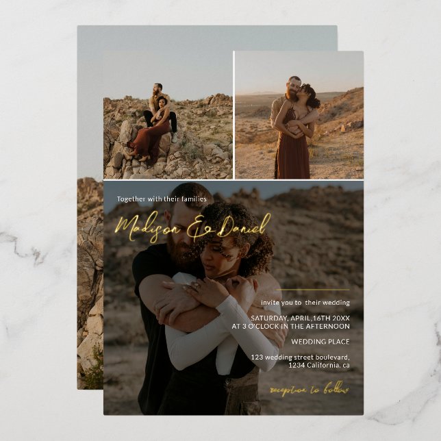 Invitation En Aluminium Scripts modernes noms 4 photos mariage chic (Recto/Verso)
