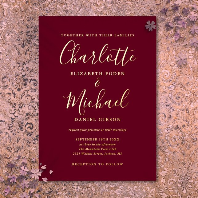 Invitation En Aluminium Signature Script Mariage Bourgogne Et Or (Signature Script Wedding Burgundy And Gold Foil Invitation)