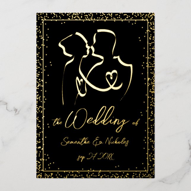 Invitation En Aluminium Silhouette des amoureux en Mariage noir et or (Recto)