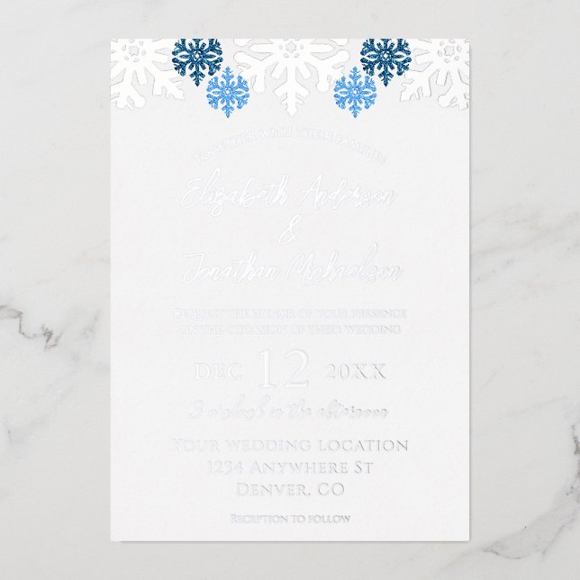 Invitation En Aluminium Silver Blue Snowflakes Mariage d'hiver (Recto)