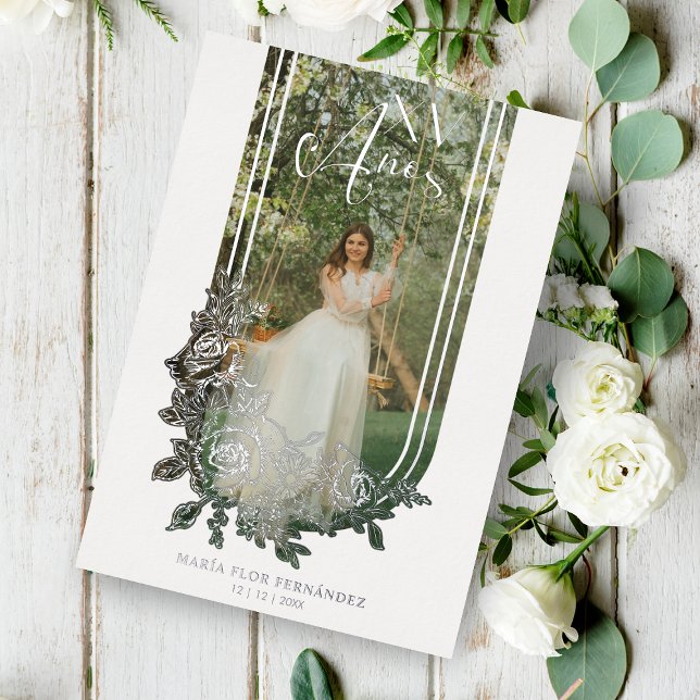 Invitation En Aluminium Silver Espagnol Luxe tendance Floral Mis XV Photo (Créateur téléchargé)