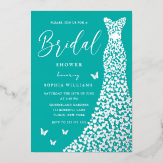 Invitation En Aluminium Silver Foil Heart Dress Teal Blue Bridal Shower