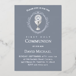 Invitation En Aluminium Silver foil text First Holy Communion boy