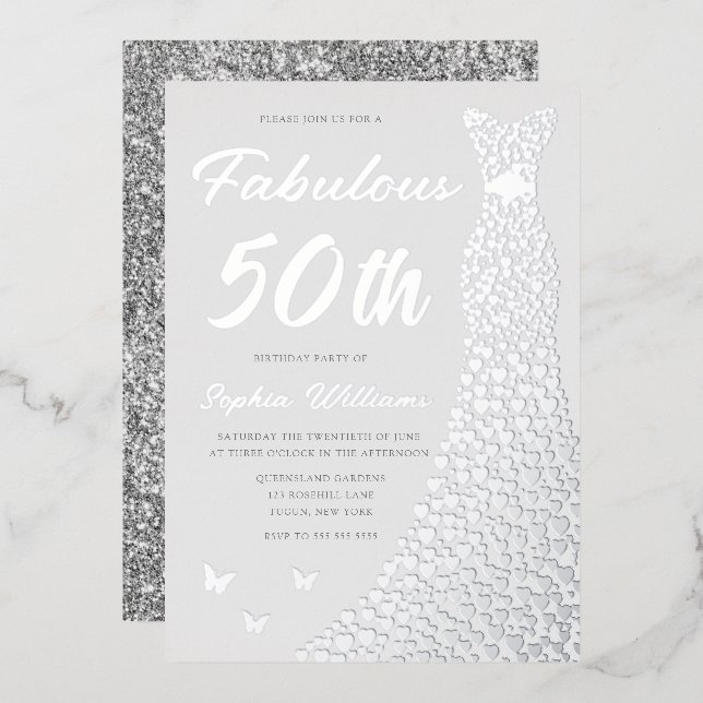 Invitation En Aluminium Silver Gown, Fabulous 50th Birthday Party (Recto/Verso)
