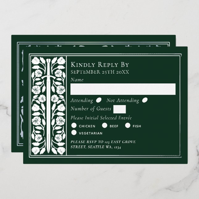 Invitation En Aluminium Silver Green Medieval Sword Wedding RSVP (Recto/Verso)