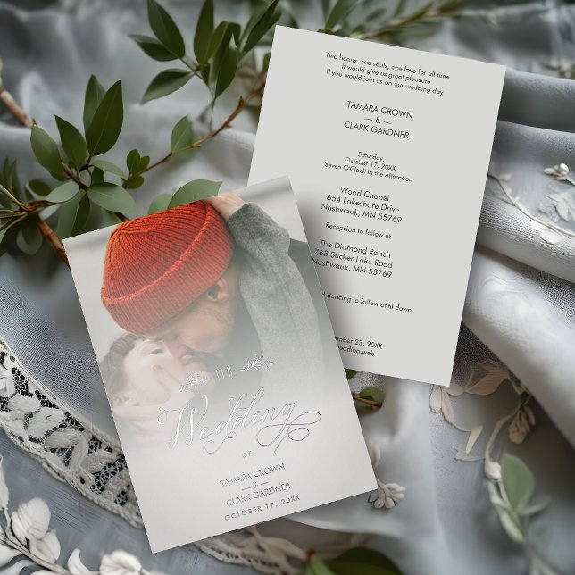 Invitation En Aluminium Silver Luxury Modern Transparency Wedding Photo (Silver Luxury Modern Transparency Wedding Custom Photo Script Real Metallic Foil Save the Date Cards)