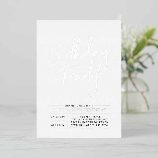 Invitation En Aluminium Silver Modern Brush Script Adult Anniversaire Part (Debout devant)