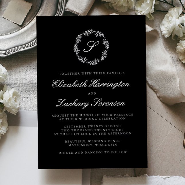 Invitation En Aluminium Silver Monogram Wreath Script Black Wedding (Créateur téléchargé)