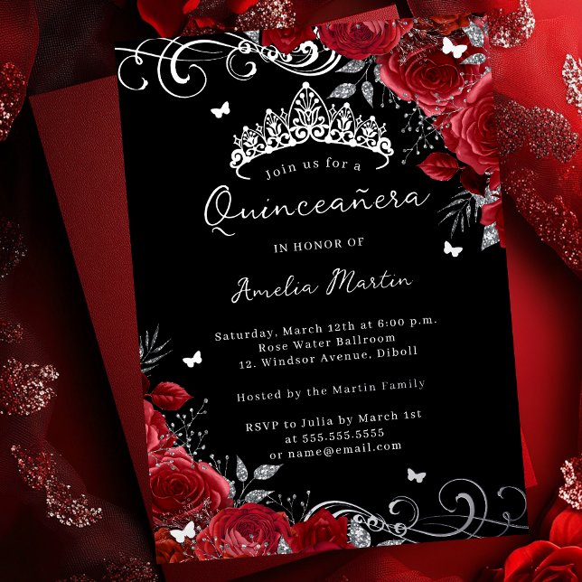 Invitation En Aluminium Silver Rose florale Quinceanera (Créateur téléchargé)