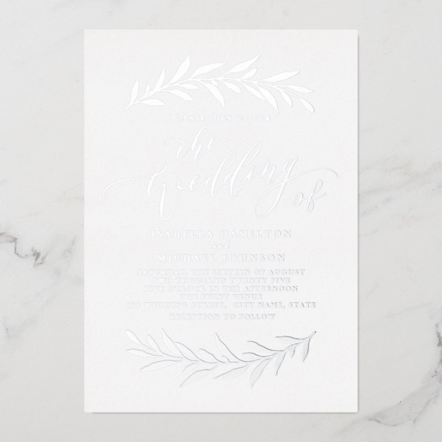 Invitation En Aluminium Silver simple calligraphie rustique feuillage mari (Recto)