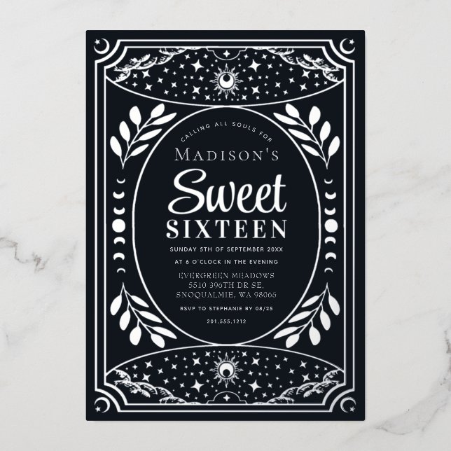 Invitation En Aluminium Silver Tarot Witchy Sweet 16 fête d'anniversaire (Recto)