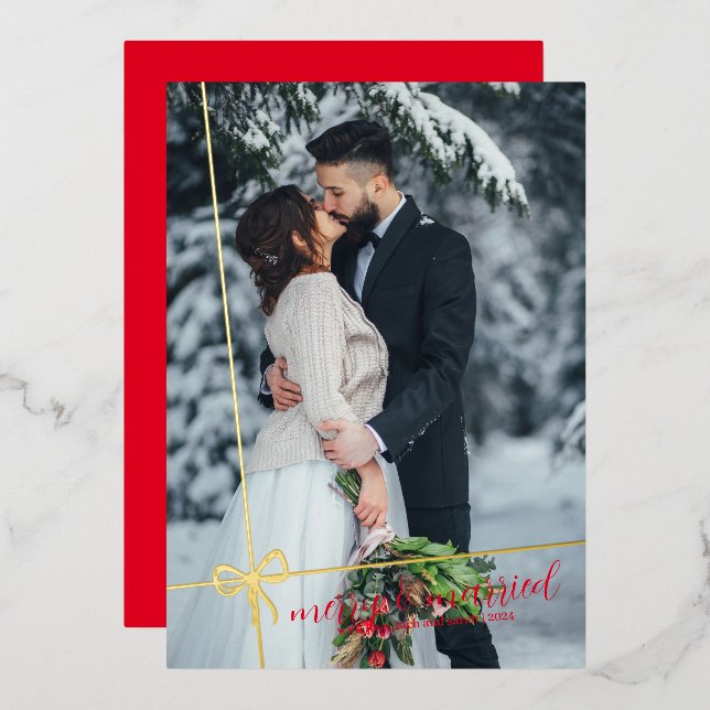 Invitation En Aluminium Simple Bow Gold Foil Joyeux & Marié Noël (Recto/Verso)