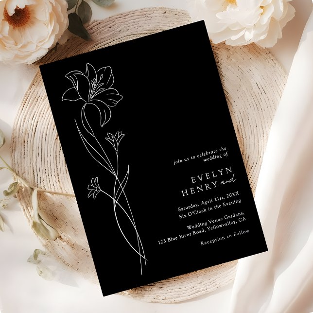 Invitation En Aluminium Simple Chic Floral Elegant Wedding Black & Silver (Créateur téléchargé)