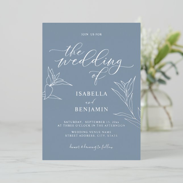 Invitation En Aluminium Simple Dusty Blue Silver Script Mariage botanique (Debout devant)