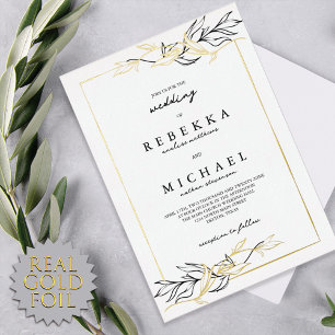 Invitation En Aluminium Simple Élégant Mariage Noir Blanc Feuillage Réel