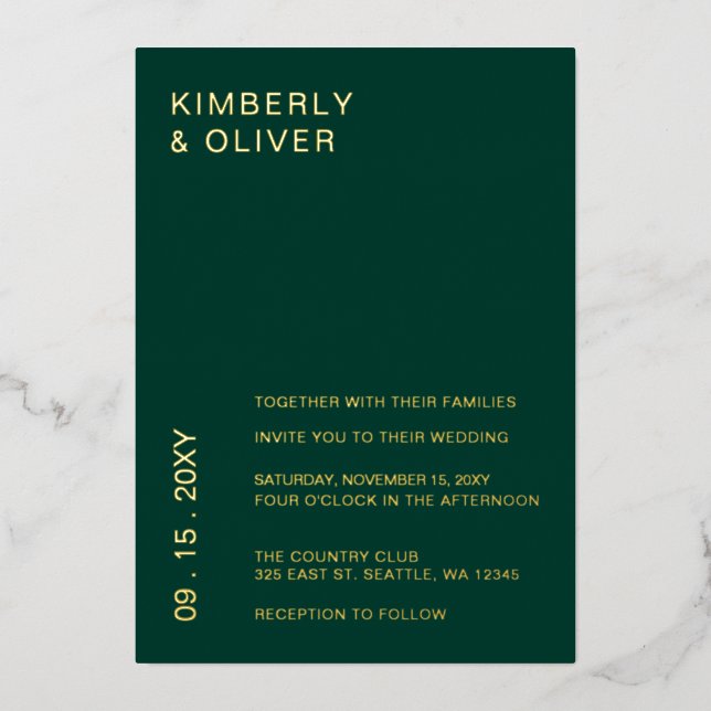 Invitation En Aluminium Simple Elégant moderne Mariage vert émeraude (Recto)