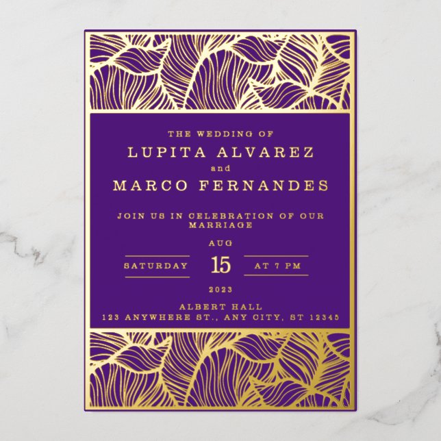 Invitation En Aluminium Simple Elegant or et violet Mariage (Recto)