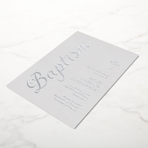 Invitation En Aluminium Simple Élégant Script Argent Soft Grey Baptême