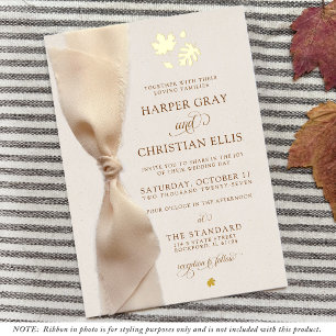 Invitation En Aluminium Simple Feuilles D'automne Ruban Moderne Mariage Or