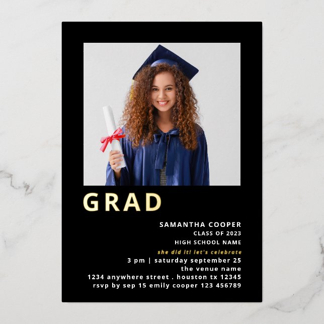 Invitation En Aluminium Simple Grad 2025 Photo Graduation Black Gold Real (Recto)