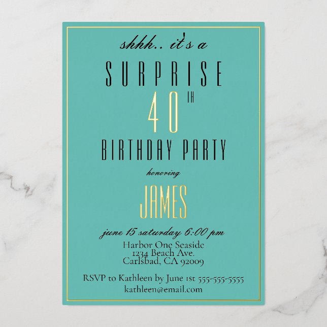 Invitation En Aluminium Simple moderne élégant Turquoise noir 40e annivers (Recto)