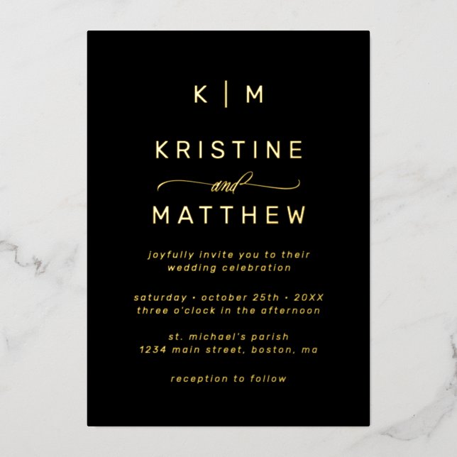 Invitation En Aluminium Simple Noir Calligraphie Monogramme Mariage (Recto)