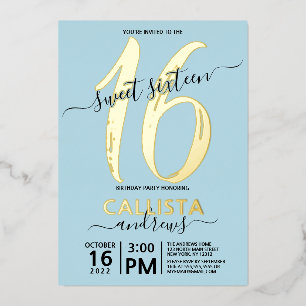 Invitation En Aluminium Simple Or Réel Pastel Bleu Sweet 16 Anniversaire