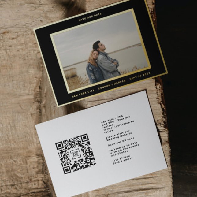 Invitation En Aluminium Simple photo Gold Border Code QR enregistrer notre (Créateur téléchargé)