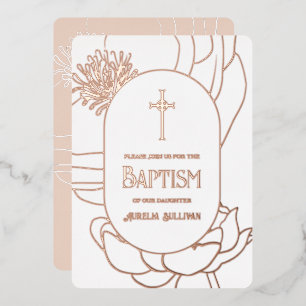 Invitation En Aluminium Simple Rose Gold Blanc Baptême Feuille