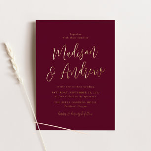 Invitation En Aluminium Simple Script Mariage Bordeaux et Or