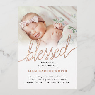 Invitation En Aluminium Simple Une Photo Baptême Bénie Rose Gold