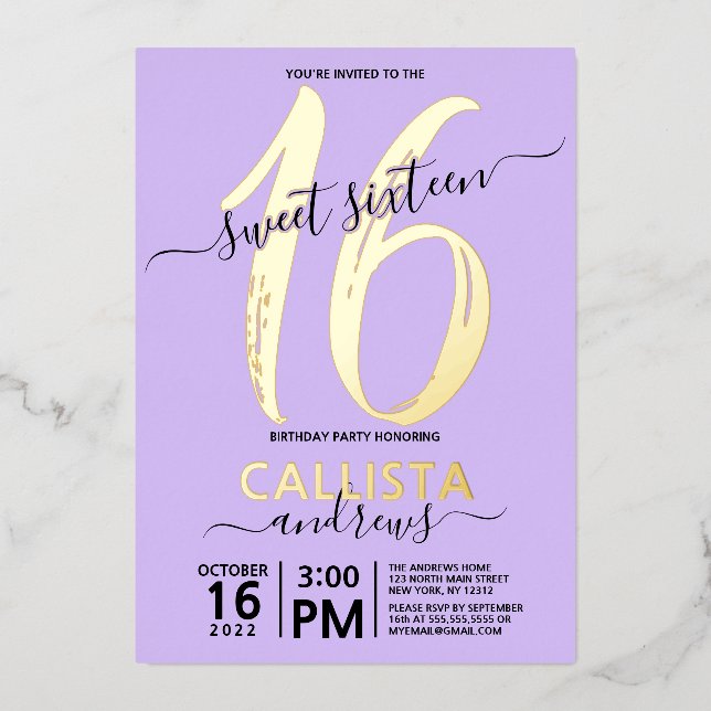 Invitation En Aluminium Simple Véritable Lavande Or Douce 16 Anniversaire (Recto)