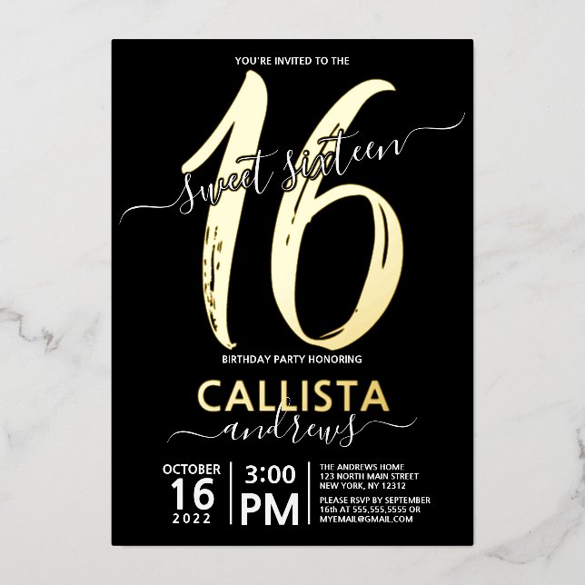 Invitation En Aluminium Simple Vrai Or Black Sweet 16 Anniversaire (Recto)