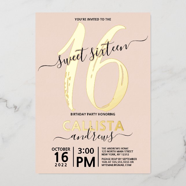 Invitation En Aluminium Simple Vrai Or Blush Rose Sweet 16 Anniversaire (Recto)