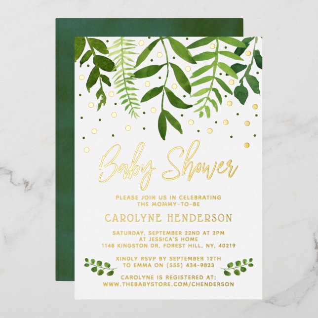 Invitation En Aluminium Simplement Chic Verdure & Baby shower Or Véritable (Recto/Verso)