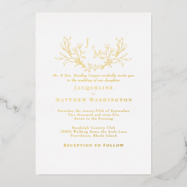 Invitation En Aluminium Simplement Elegant Foliage Blanc Mariage Or (Recto)